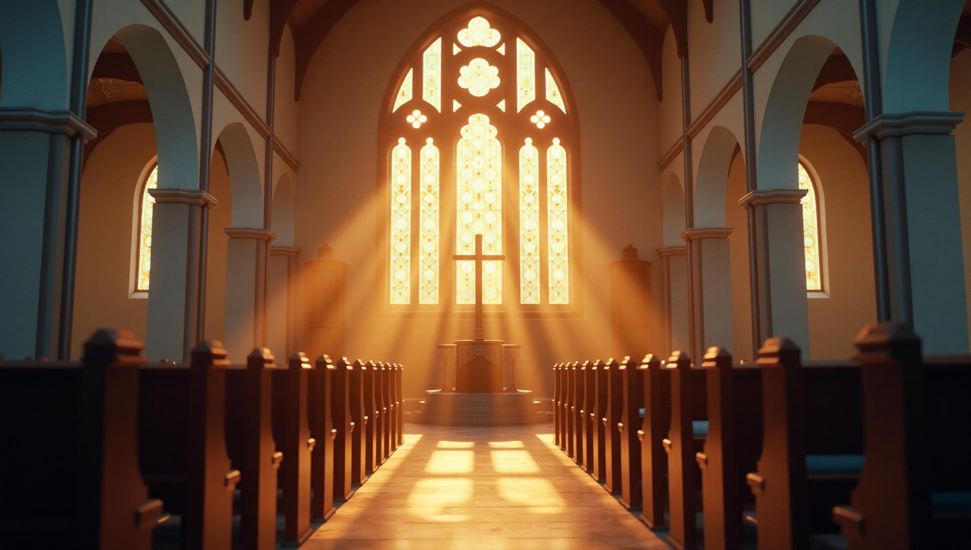 Beautiful church interior with golden light streaming through stained glass windows